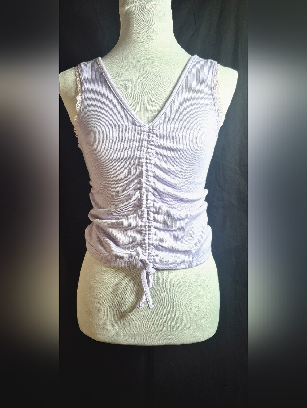 Ruched V-Neck Lavender Tank Top with Lace Trim - Women